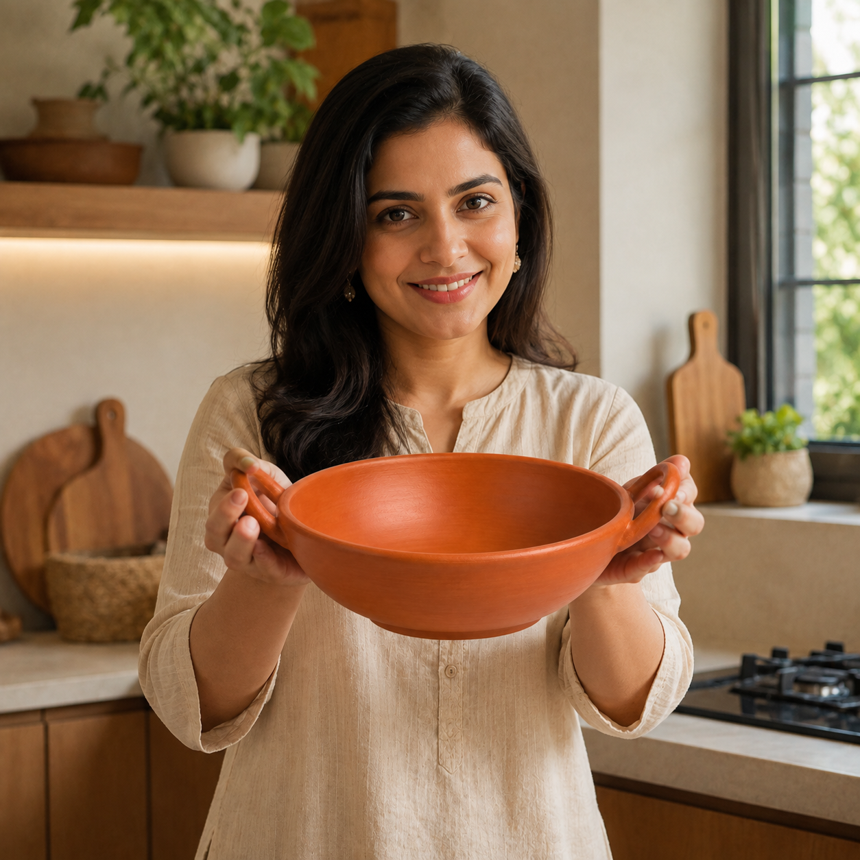 Traditional Terracotta Clay Kadhai with Handles