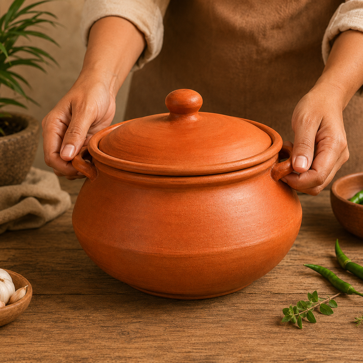Traditional Terracotta Clay Handi with Lid